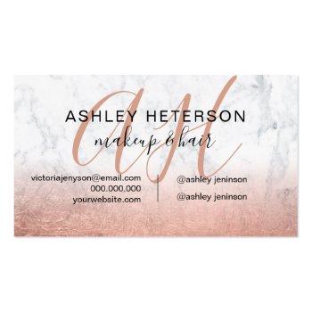Small Makeup Monogrammed Rose Gold Foil Marble Script Business Card Back View