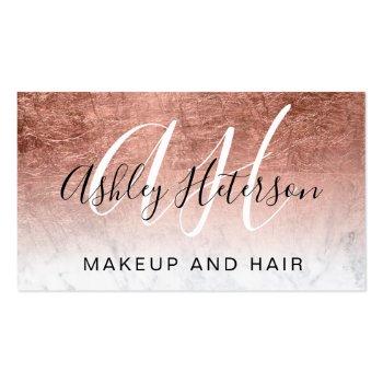 Small Makeup Monogrammed Rose Gold Foil Marble Script Business Card Front View