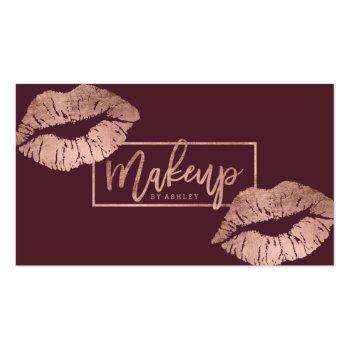 Small Makeup Typography Lips Faux Rose Gold Burgundy Business Card Front View