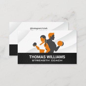 man woman lifting weights business card