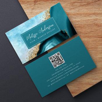 Small Marble Agate Teal Gold Glitter Qr Code Business Card Front View