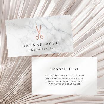 marble & rose gold scissors logo hairstylist business card