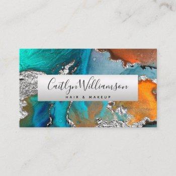 marble watercolor silver turquoise script stylist business card