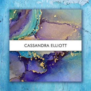 marbled multicolored & gold abstract liquid art square business card