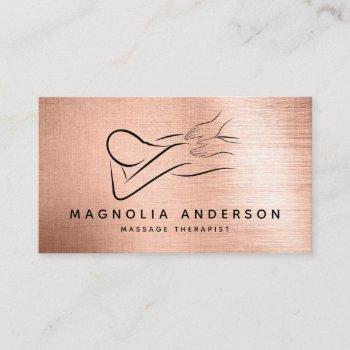 massage therapist rose gold foil brushed metal business card