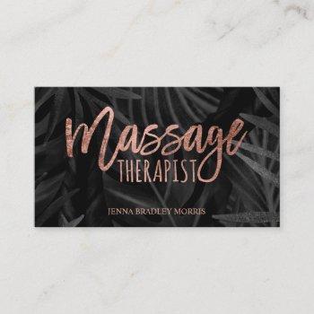 massage therapist script rose gold palm leaf business card
