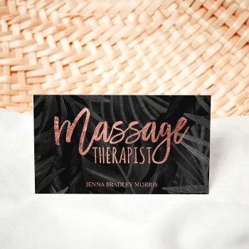massage therapist script rose gold palm leaf business card