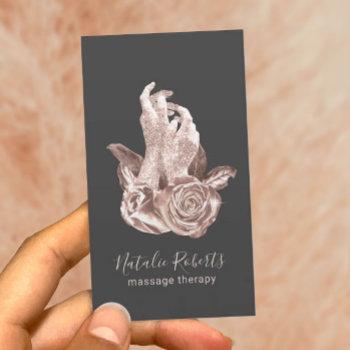 massage therapy elegant rose gold hands & flowers  business card