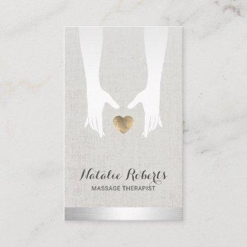 massage therapy healing hands & gold heart linen business card