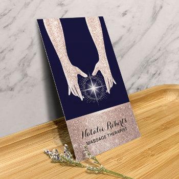 massage therapy rose gold healing hands spa navy business card