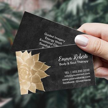 massage therapy spa gold floral rustic chalkboard business card