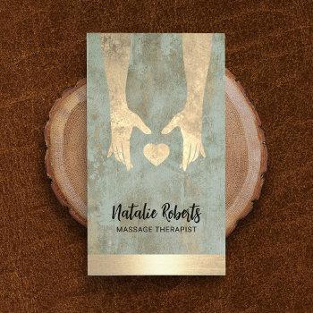 massage therapy vintage gold healing hands & heart business card