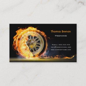 mechanic automotive wheel speed flame black business card