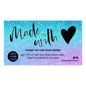 Small Mermaid Blue Glitter Thank You Made With Love Business Card Front View