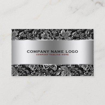 metallic silver stainless steel & floral damasks business card