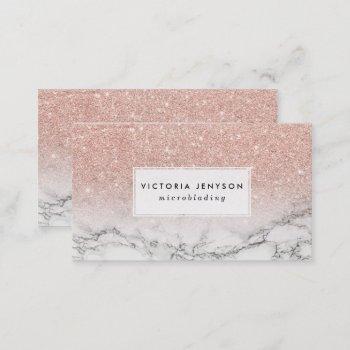 microblading faux rose pink glitter white marble business card