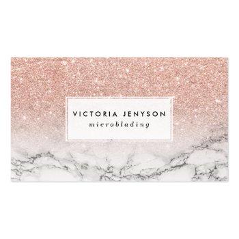 Small Microblading Faux Rose Pink Glitter White Marble Business Card Front View