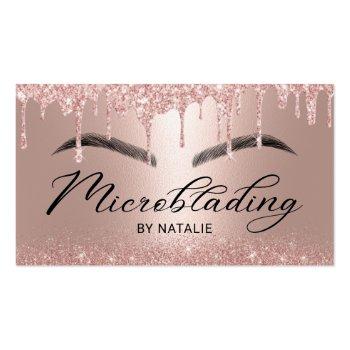 Small Microblading Rose Gold Glitter Drips Typography Business Card Front View