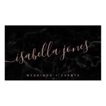 Small Minimalist Black Marble Rose Gold Signature Script Business Card Front View