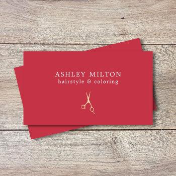 minimalist red faux gold scissors hair stylist business card