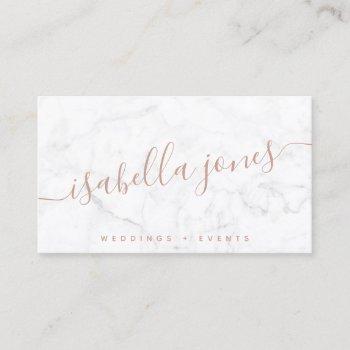 minimalist white marble rose gold signature script business card
