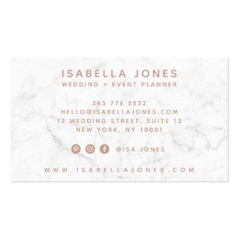 Small Minimalist White Marble Rose Gold Signature Script Business Card Back View