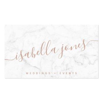 Small Minimalist White Marble Rose Gold Signature Script Business Card Front View