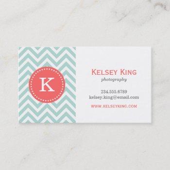 mint and coral chevron custom monogram business card
