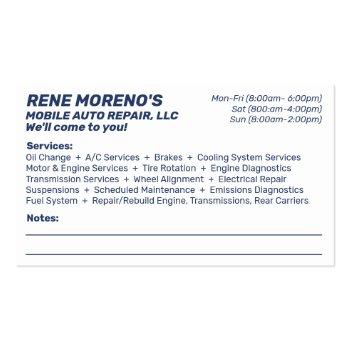 Small Mobile Automobile Car Repair Mechanic 2 Sided Business Card Back View