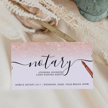 mobile notary loan rose gold glitter lavender business card