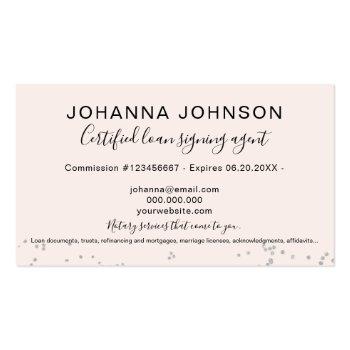 Small Mobile Notary Loan Silver Confetti Typography Business Card Back View