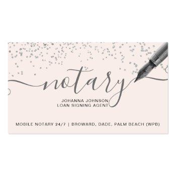 Small Mobile Notary Loan Silver Confetti Typography Business Card Front View