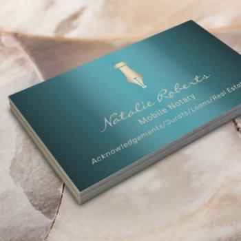 mobile notary public golden signing pen teal business card