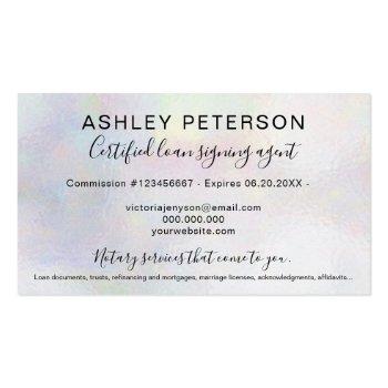 Small Mobile Notary Public Script Pearl Holographic Business Card Back View