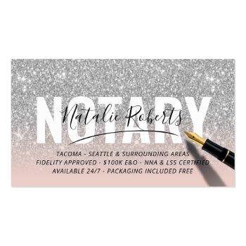 Small Mobile Notary Public Silver Glitter Signature Pink Business Card Front View