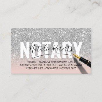 mobile notary public silver glitter signature pink business card