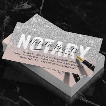 mobile notary public silver glitter signature pink business card