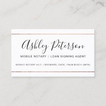 mobile notary public typography rose gold stripe business card