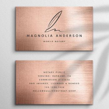 mobile notary quill rose gold brushed metal business card