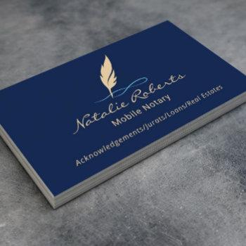 mobile notary signing agent custom quill logo navy business card