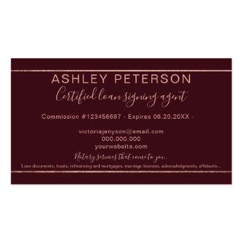 Small Mobile Notary Typography Rose Gold Stripe Red Business Card Back View