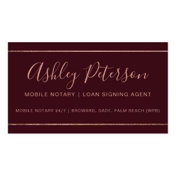 Small Mobile Notary Typography Rose Gold Stripe Red Business Card Front View