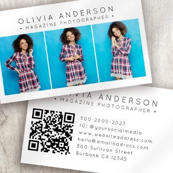 modern 3 photo photographer qr code business card