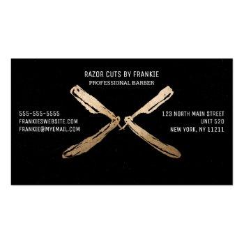 Small Modern Artsy Gold Black Razor Blades Barber Business Card Back View