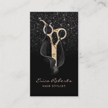 modern black glitter gold scissor hair stylist business card
