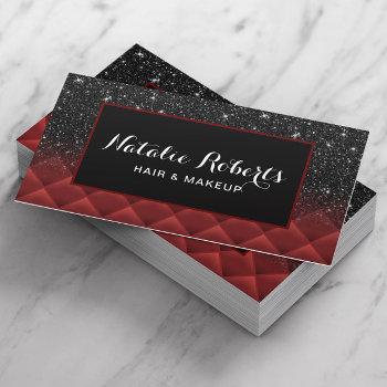 modern black glitter lux red quilted beauty salon business card