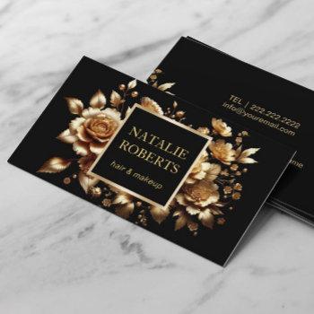 modern black & gold floral beauty salon luxury business card