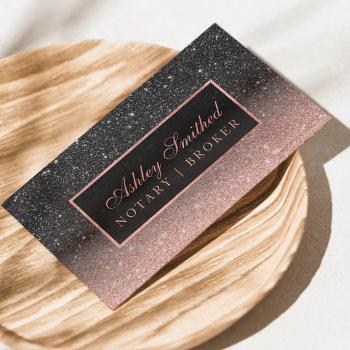 modern black rose gold glitter chic ombre notary business card