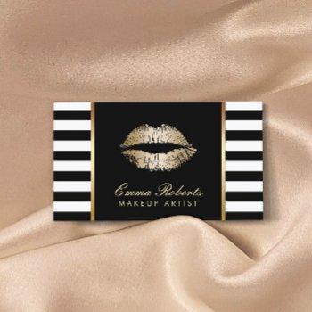 modern black white stripes gold lips makeup artist business card