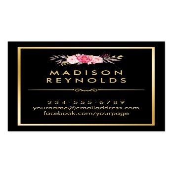 Small Modern Black White Stripes Pink Floral Gold Frame Square Business Card Back View